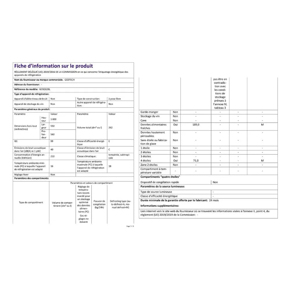 GEDTECH Réfrigérateur 262 L GCB262BL