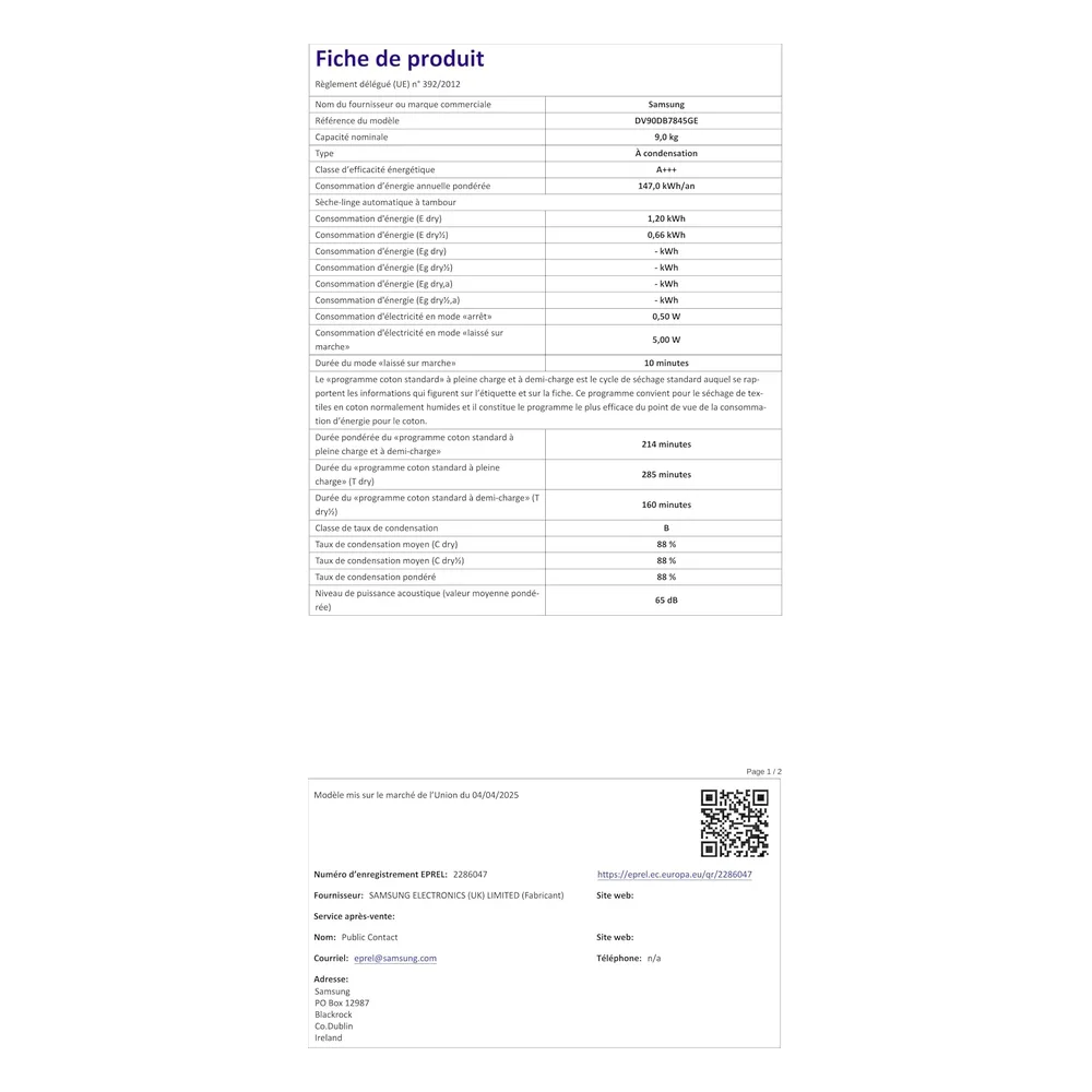 Samsung Sèche-linge 9 kg DV90DB7845GE