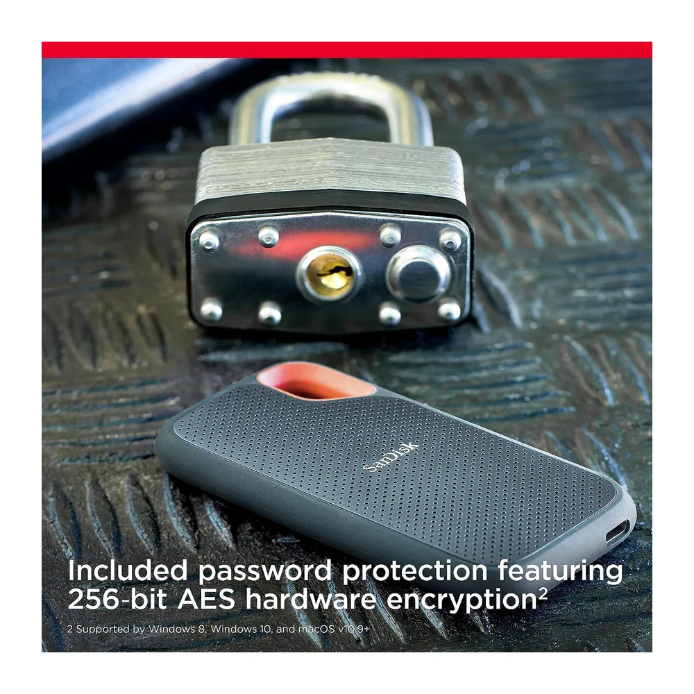 SANDISK Extreme Disque SSD Externe 2 To (jusqu'à 1050 Mo/s en lecture, 1000 Mo/s en écriture, USB-C, Portable NVMe, Résistance à la poussière et à l'eau classée IP65, Mousqueton pratique) Noir | NVMe SSD, SSD externe, IP65 résistant à la poussière et à l'eau, boucle mousqueton, USB-C, libérer de l'espace, noir