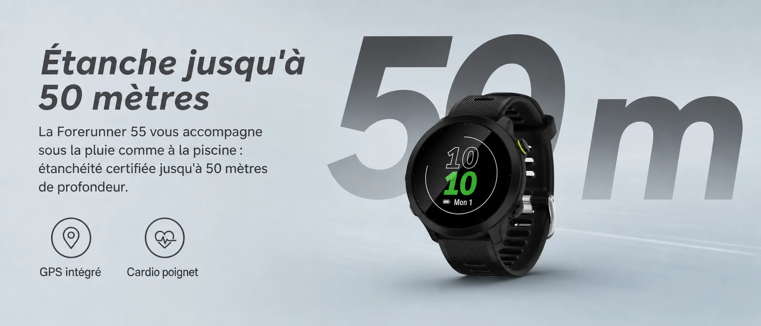 Étanche jusqu'à 50 mètres : la Forerunner 55 vous accompagne sous la pluie comme à la piscine, étanchéité certifiée 50 m. GPS intégré, cardio au poignet.