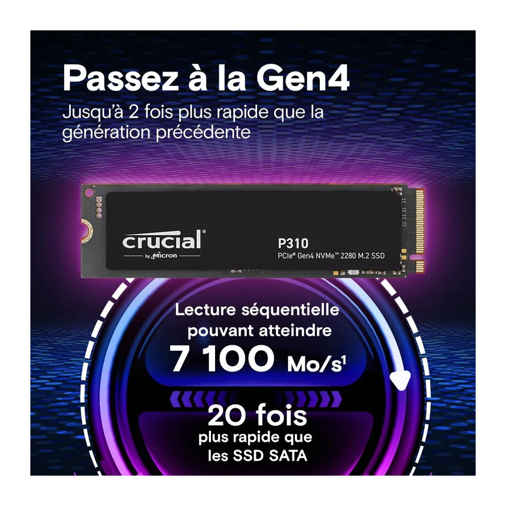 Crucial P310 SSD 2To PCIe Gen4 NVMe M.2 2280, jusqu’à 7.100 Mo/s, Compatible avec Ordinateur Portable et de Bureau & Consoles de jeux Portables, Disque Dur Interne - CT2000P310SSD801
