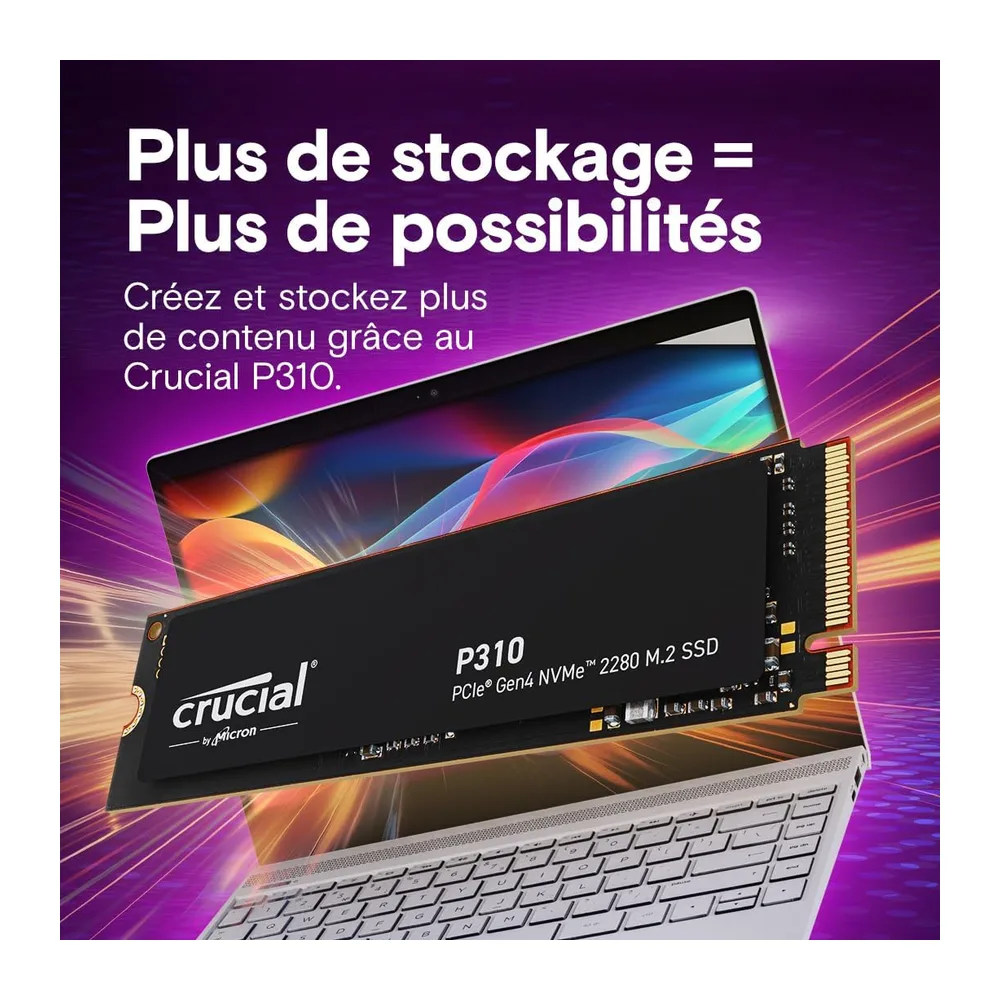 Crucial P310 SSD 2To PCIe Gen4 NVMe M.2 2280, jusqu’à 7.100 Mo/s, Compatible avec Ordinateur Portable et de Bureau & Con