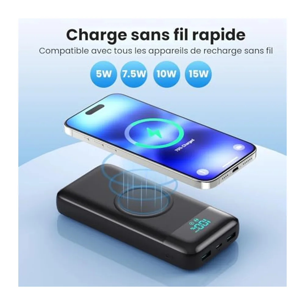 Batterie Externe sans Fil 26800mAh, 7 en 1 Powerbank Fast Charging avec 3 Ports et 3 câbles, 25W PD3.0+QC4.0 Chargeur Externe Portable avec écran LCD Compatible avec iPhone Huawei Samsung Xiaomi