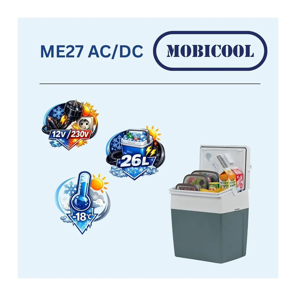 Mobicool ME27 Glacière électrique 26 l Gris Mini réfrigérateur 12/230 V pour voiture, camion, bateau, loisirs et camping [Classe énergétique E]