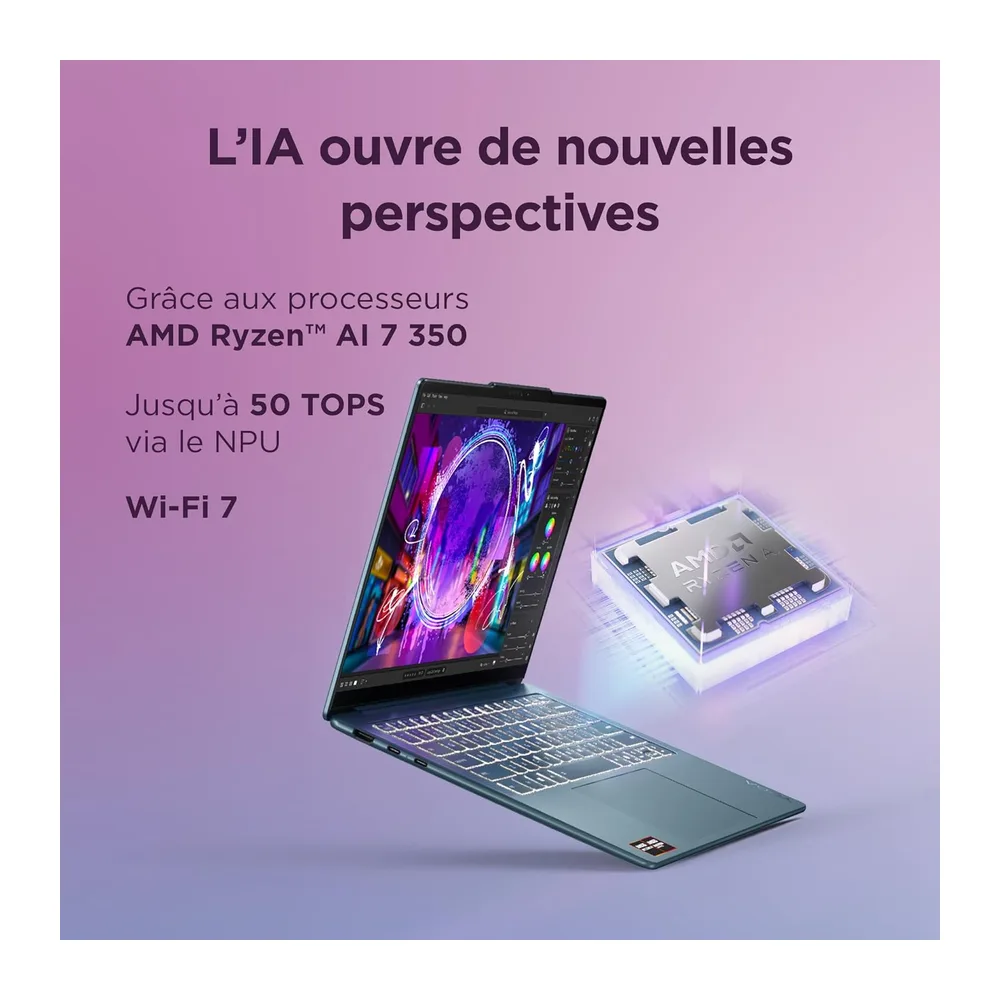 Lenovo Yoga Slim 7 14AKP10 - Ordinateur Portable 14'' WUXGA (AMD Ryzen AI 7 350, RAM 32Go, SSD 1Tb, IAMD Radeon 860M Graphics,Windows 11 Home) Clavier rétroéclairé AZERTY FR - Tidal Teal