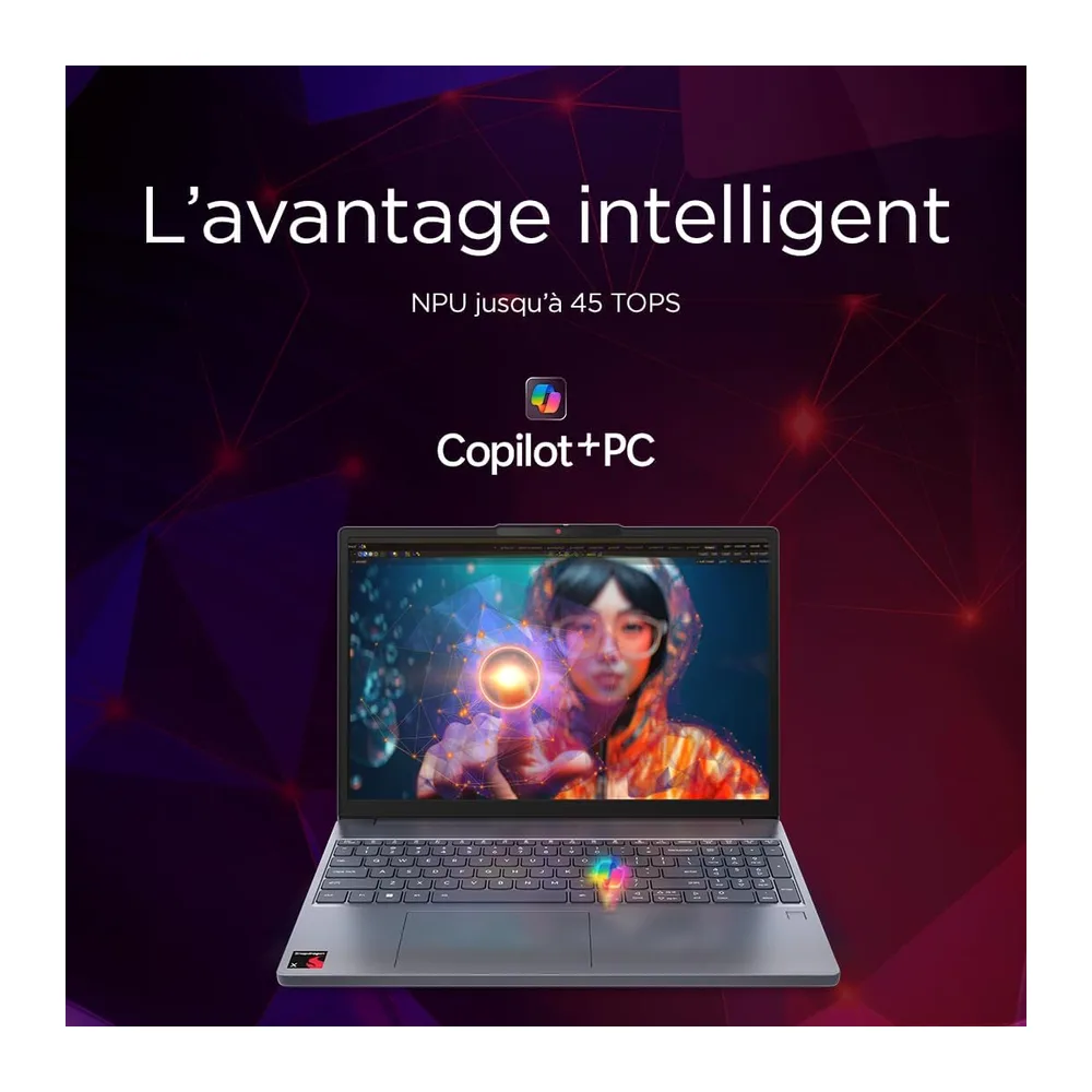Lenovo IdeaPad Slim 3 15Q8X10 - Ordinateur Portable 15.3'' WUXGA Copilot+ (Snapdragon X X1-26-100, RAM 16Go, SSD 256Go, Windows 11 Home) Clavier AZERTY Français - Gris Luna