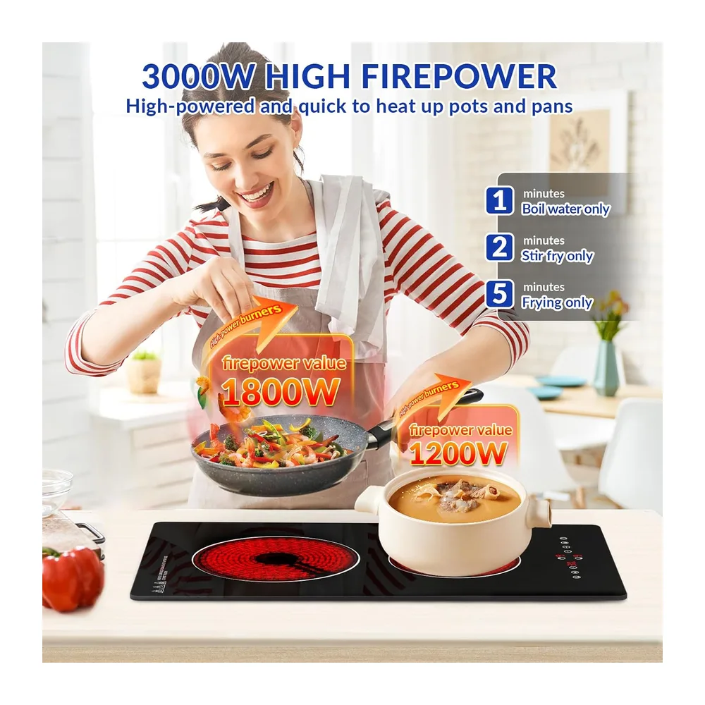 Plaque Vitrocéramique 2 feux,Table de Cuisson Encastrable,3000W, 9 Niveaux de Puissance,Commandes tactiles & minuteurs,Sécurité Enfant Pour Toutes les Casseroles